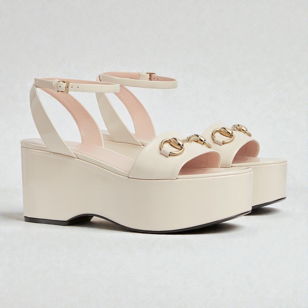 NIB Gucci Lady Horsebit White Leather Platform Sandals Shoes EU37.5 US7.5 $1090